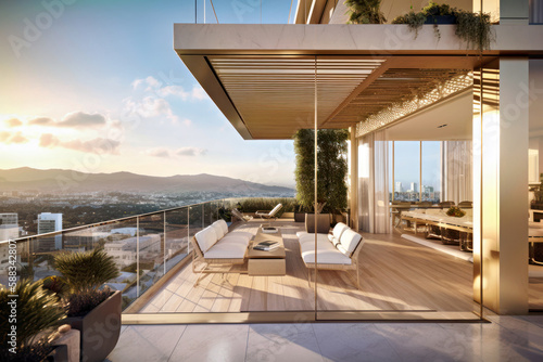 Fotografia Balcony of a high-rise luxury tower apartment, Generative AI