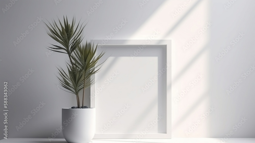 White square frame mockup in modern minimalist interior with plant in trendy vase on white wall background, Template for artwork, painting, photo or poster, ai White square frame mockup in modern minimalist interior with plant in trendy vase on white wall background, Template for artwork, painting, photo or poster, ai