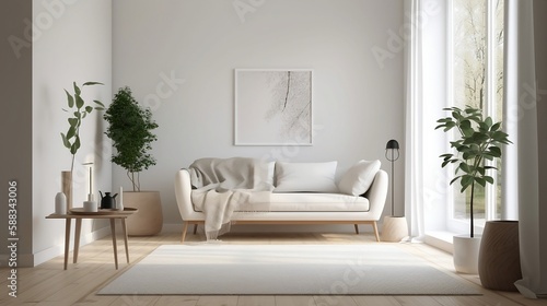View of modern scandinavian style interior with sofa and trendy vase, Home staging and minimalism concept, ai © Stitch