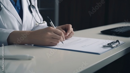 Doctor and patient talking in medical office at hospital. Closeup of doctor medical professional hands taking notes and writing prescription for patient during a consultation. Ai