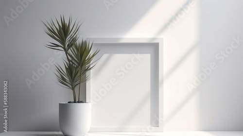 White square frame mockup in modern minimalist interior with plant in trendy vase on white wall background, Template for artwork, painting, photo or poster, ai © Stitch