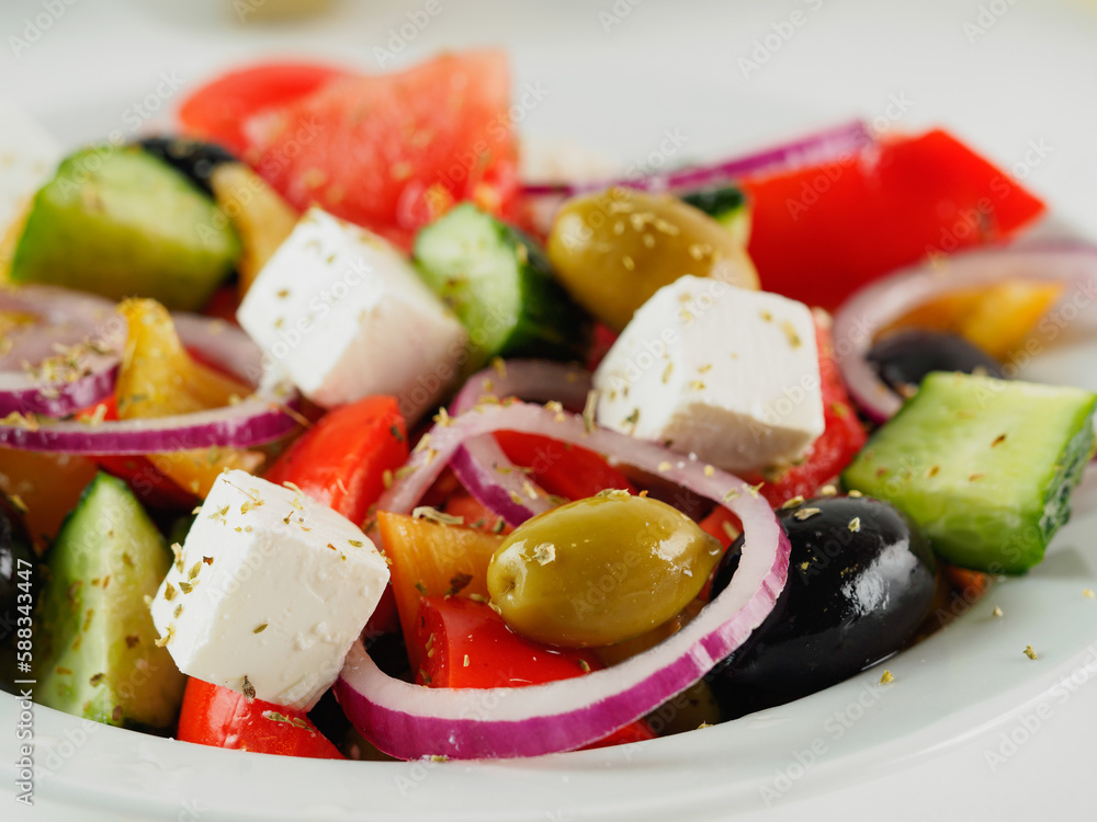 Greek salad on the table, close up Greek salad on the table, close up