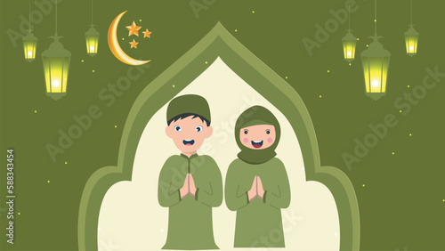 templates, banners. social media post Eid al Fitr, month of Ramadan. greeting card, decoration Islamic, with husband and wife family character vector
