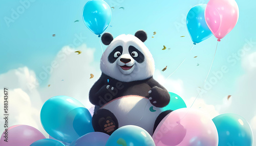 Cute Baby panda with Balloons , Soft cartoon ( Generative AI ) 
