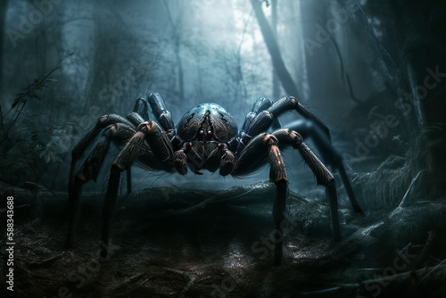 scary big spider in foggy forest at night. Generative AI illustration © alexkoral