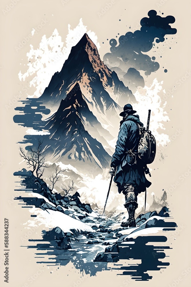 Climbing a mountain. illustration artwork - obrazy, fototapety, plakaty 