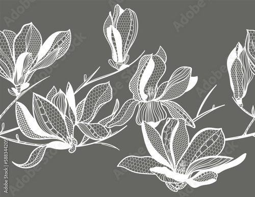 seamless lace pattern, vector illustration, magnolia flowers