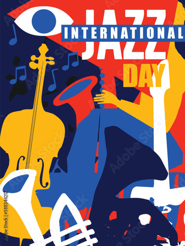 International jazz day event celebration poster with musical instruments. Flat style vector banner with violoncello, trumpet, sax, guitar and French horn. Hand drawn artsy design for promo flyer
