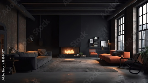 Dark living room loft with fireplace, industrial style, 3d render. Generative Ai