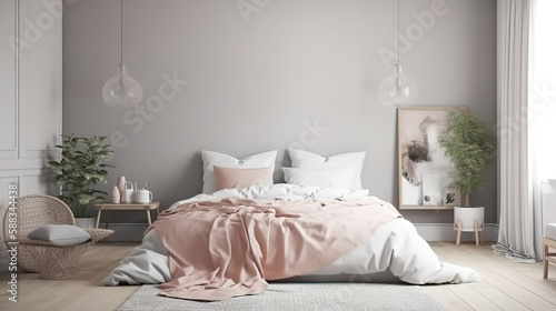 Home mock-up, blank wall in Scandinavian bedroom interior. Generative Ai © hassanmim2021