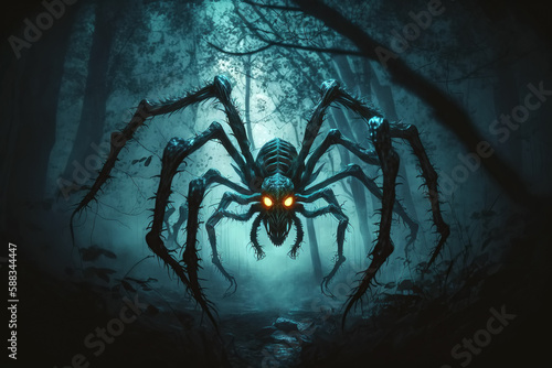 big spider monster in misty forest at night. Arachnophobia and nightmare. Generative AI illustration