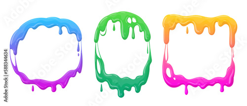Cartoon slime frames. Mucus splash borders, jelly dripping frames, goo sticky liquid slime splatters flat vector illustration set