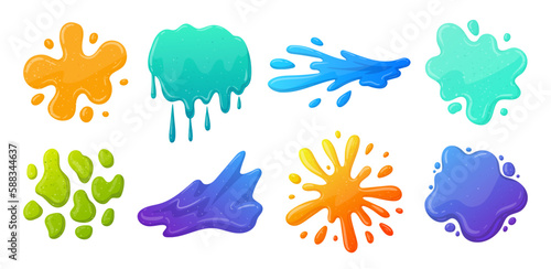 Cartoon slime splatters. Sticky goo liquid slime, colorful mucus splashes. Jelly dripping spots flat vector illustration collection