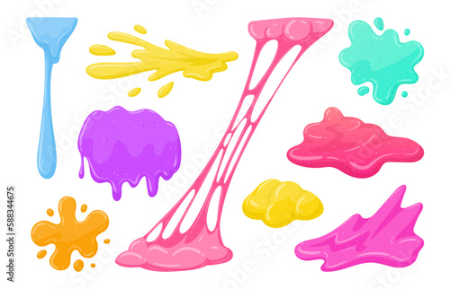 Cartoon sticky slime. Goo liquid slime splatters, mucus splashes. Jelly dripping spots flat vector illustration set