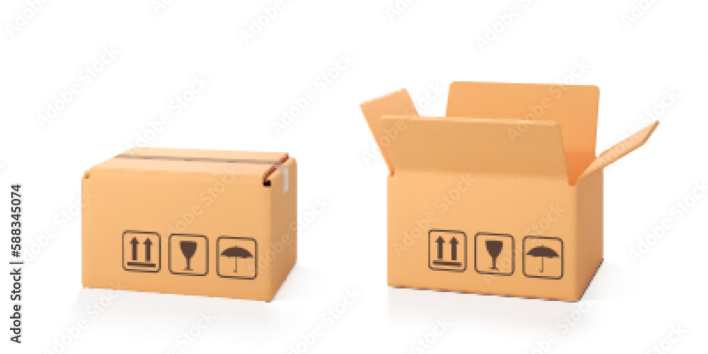 3D cardboard open and closed box isolated on white background. Delivery cargo box. Cartoon style cardboard box or delivery package. Vector 3d realistic