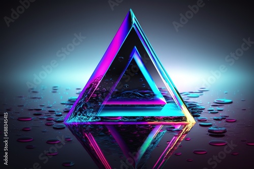 Glowing neon triangle reflections water, Generative AI
