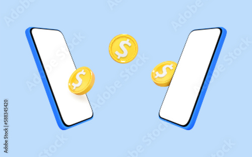 3D mobile phones with coins isolated on blue background. Money transfer on smartphones. Online payment concept. Mobile wallet. Cashback and banking. Vector 3d illustration.