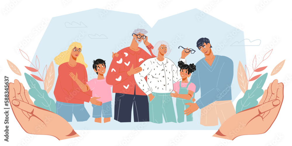 Family help, healthcare and support, flat vector illustration isolated on white background. Parents, grandparents and children standing together in frame of supporting hands.