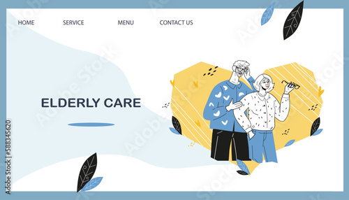 Website banner of care and support for elderly people, medical and health insurance and care of well-being of elderly, flat vector illustration.