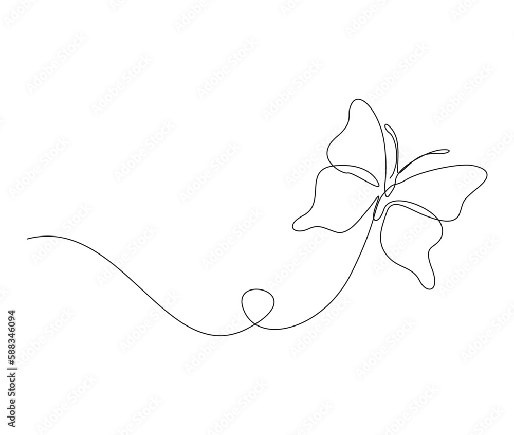 Continuous one line drawing of butterfly. Simple flying butterfly line