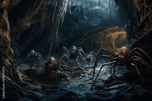 huge scary spiders in web in cave at night in dark. Arachnophobia. Generative AI illustration
