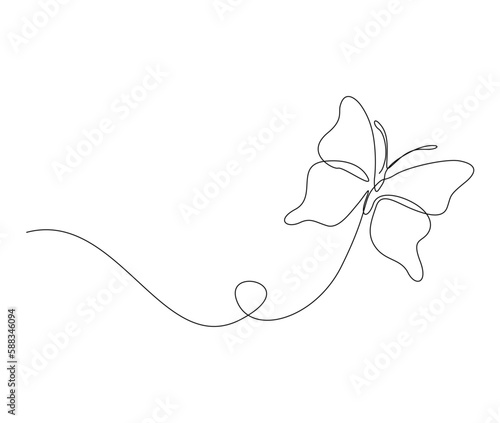 Continuous one line drawing of butterfly. Simple flying butterfly line art vector illustration. Editable stroke.