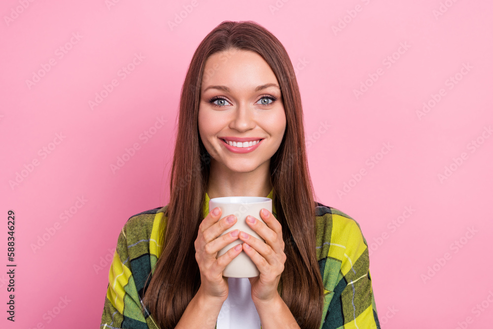 Closeup photo of young girl cup hot coffee drink morning cappuccino latte pause relax wear yellow checkered shirt isolated on pink color background Closeup photo of young girl cup hot coffee drink morning cappuccino latte pause relax wear yellow checkered shirt isolated on pink color background