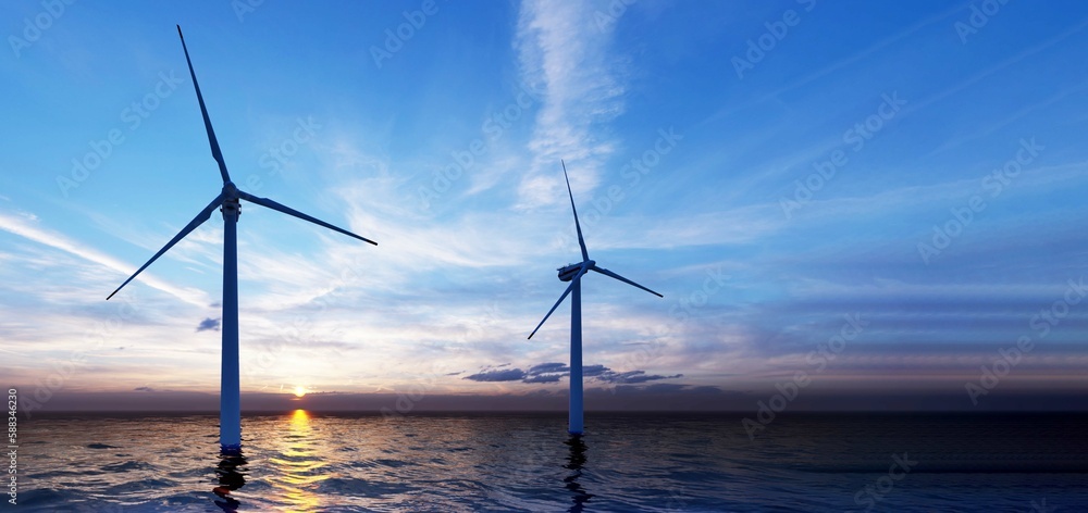 Ocean Wind Farm. Windmill farm in the ocean. Offshore wind turbines in the sea. Wind turbine from aerial view.