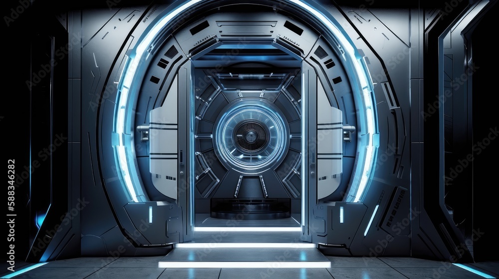 Futuristic interior with hallway and door. Generative AI Futuristic interior with hallway and door. Generative AI