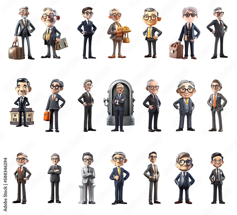 Professional 3D Banker Characters Collection - 21 Isolated Finance Experts on Clear Background Created with Generative AI and Other Techniques Professional 3D Banker Characters Collection - 21 Isolated Finance Experts on Clear Background Created with Generative AI and Other Techniques