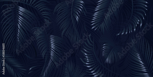 Blue palm tree leaves on dark background. Tropical palm leaves, floral pattern vector illustration. © ira_qiwi