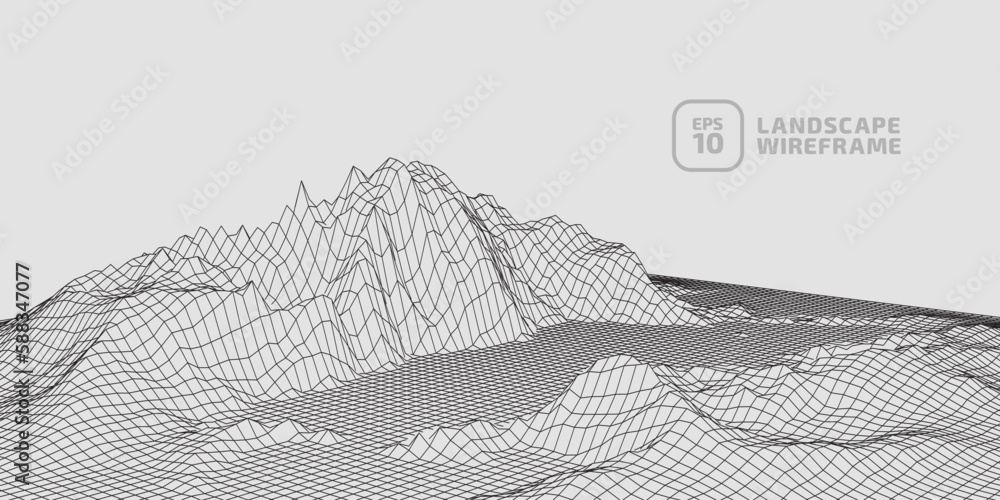 Abstract wireframe background. 3D grid technology illustration landscape. Digital Terrain Cyberspace in Mountains with valleys. Data Array. Black on white. Vector Illustration.