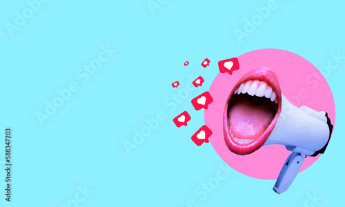 Photography Art collage, Screaming mouth with loudspeaker Modern design, modern creative art collage