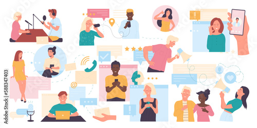 Online talk, people on video conference vector illustration. Cartoon isolated happy friends, students or colleagues communicate on remote meeting, office videoconference and conversation of characters
