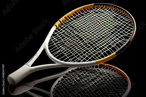 Tennis ball and racket isolated background. Top view. Generative Ai © hassanmim2021