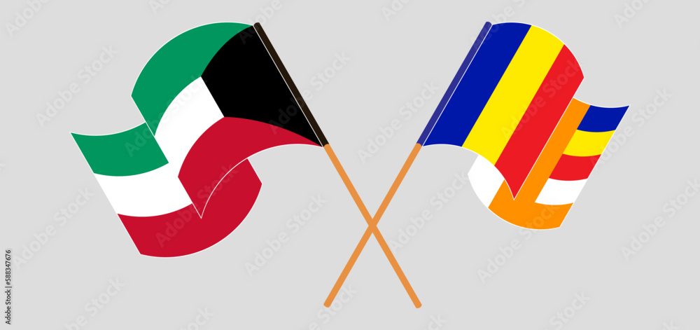 Crossed and waving flags of Kuwait and Buddhism Crossed and waving flags of Kuwait and Buddhism