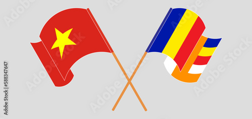 Crossed and waving flags of Vietnam and Buddhism