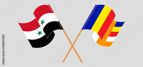 Crossed and waving flags of Syria and Buddhism
