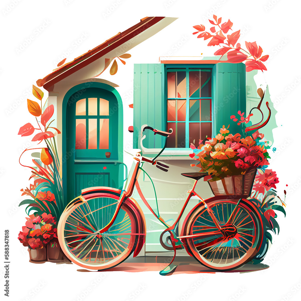 Retro Bicycle clipart, Retro Bicycle in front of house on transparent background, sublimation design, t-shirt design, wall mate design, frame design, Generative AI