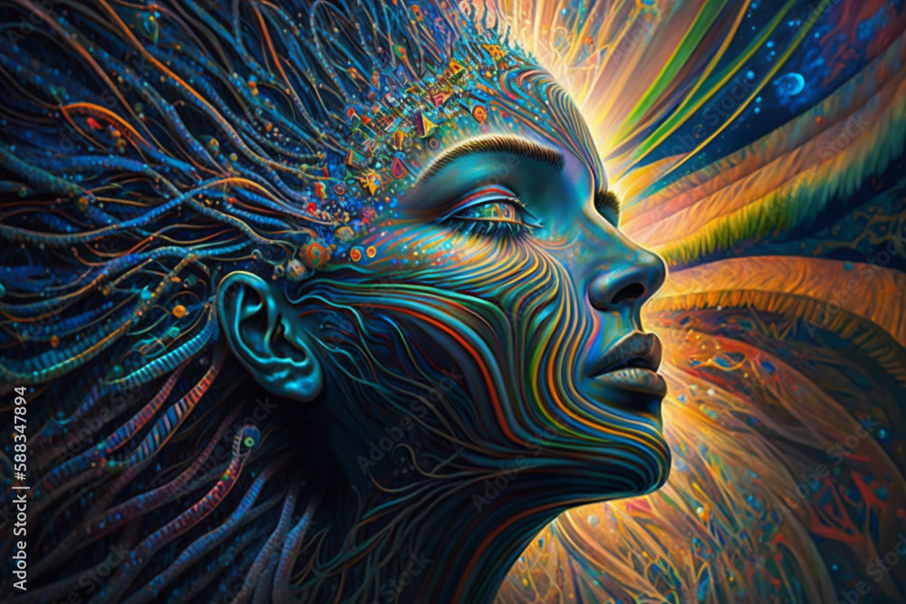 Human experiencing dmt psychedelics. Psychoactive magic mushrooms hallucinogen drug experience. Psilocybin psychotropic acid trippy art. Ai generated