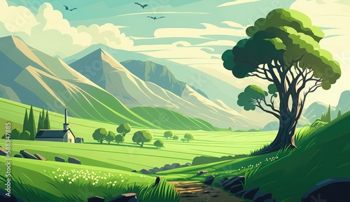 mountain valley landscape green fields ai generated