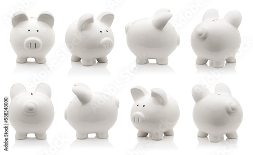 White piggy bank collection isolated