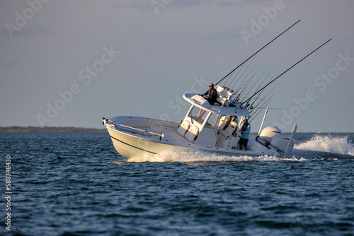 Center console fishing boat in the ocean.