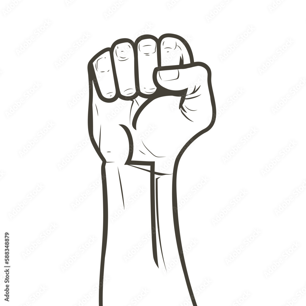 Hand raised air fighting for human rights. Fist up power Concept of protest, rebel, political demands, revolution, unity, cooperation, don't give up. Vector line logo icon Hand raised air fighting for human rights. Fist up power Concept of protest, rebel, political demands, revolution, unity, cooperation, don't give up. Vector line logo icon