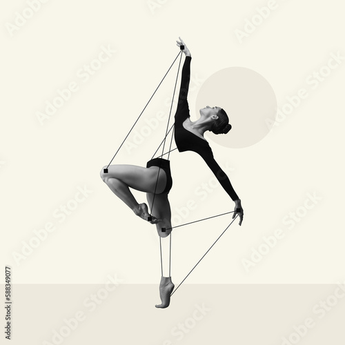 Foto Graceful, artistic young woman, ballerina performing over light background with abstract design