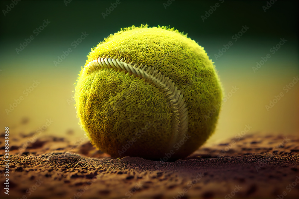Close-up tennis ball on court ground. Generative Ai