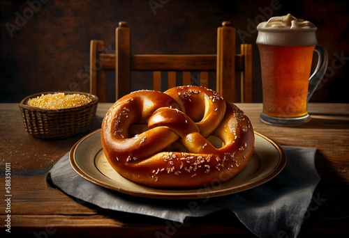 Soft and Salty Phillystyle Soft Pretzel with a Golden Brown Exterior and a Chewy, Served on a Rustic Plate with Soft, Natural Light in a Classic Philadelphiastyle Pretzel Shop. Generative AI photo