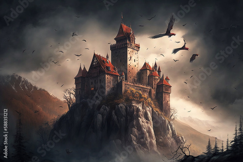 Scary horror and haunted Dracula medieval vampire castle with bats. Halloween myth and legend. Creepy atmosphere with big clouds. Ai generated