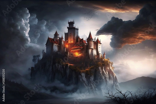 Scary horror and haunted Dracula medieval vampire castle with bats. Halloween myth and legend. Creepy atmosphere with big clouds. Ai generated