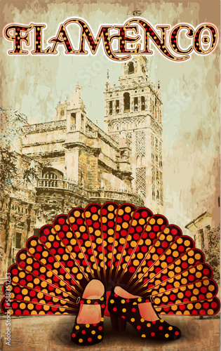 Flamenco holiday party card with spanish city, vector illustration